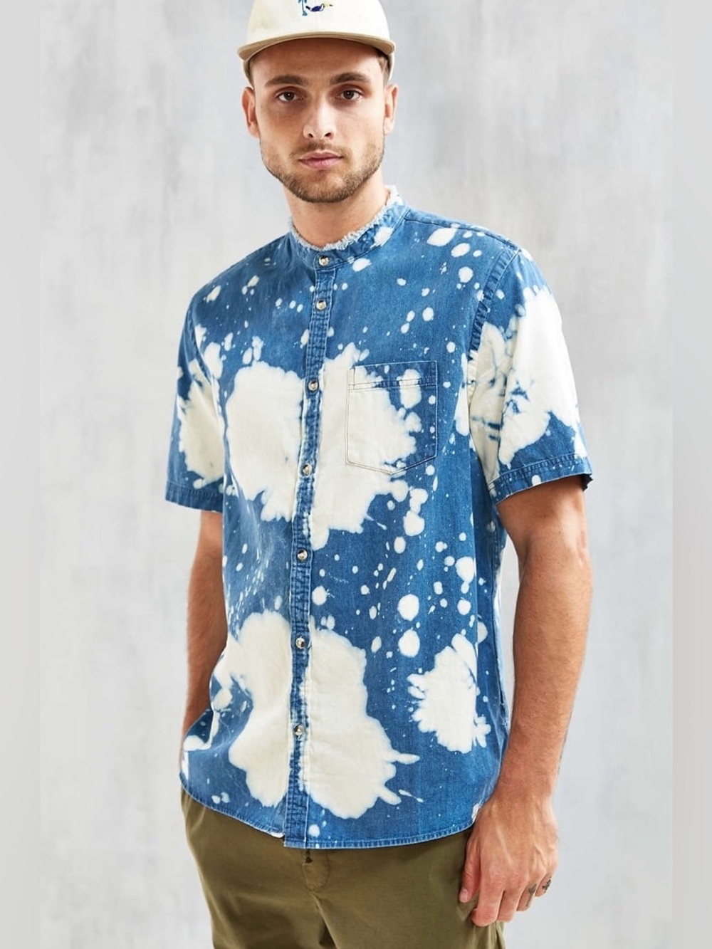 Urban Outfitters Bleach Splatter Denim Band Collar Shirt, Size M